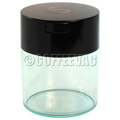 Coffeevac 0,8 liter/250 gram. Clear Body, Black cap, Coffeeprint